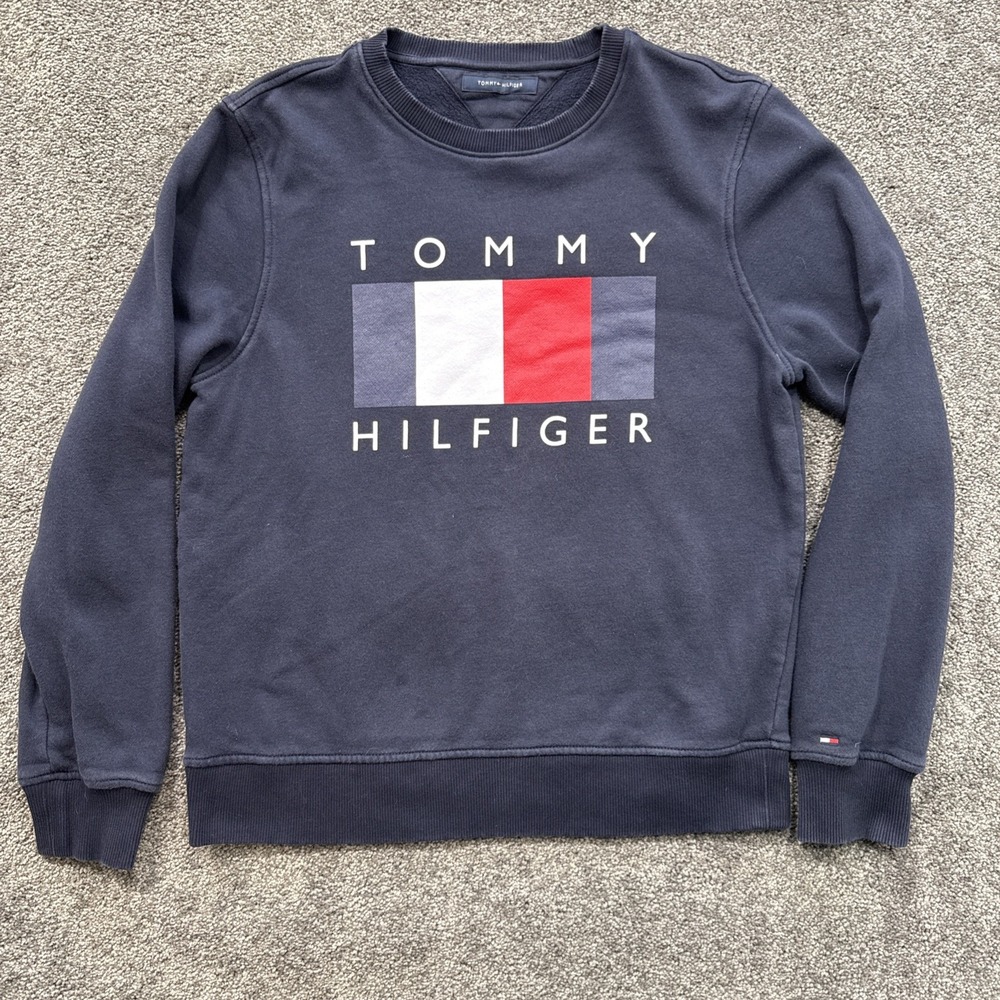 Mens S Tommy Hilfiger Sweatshirt Blue Spell Out Flag Crew Neck Long Sleeve